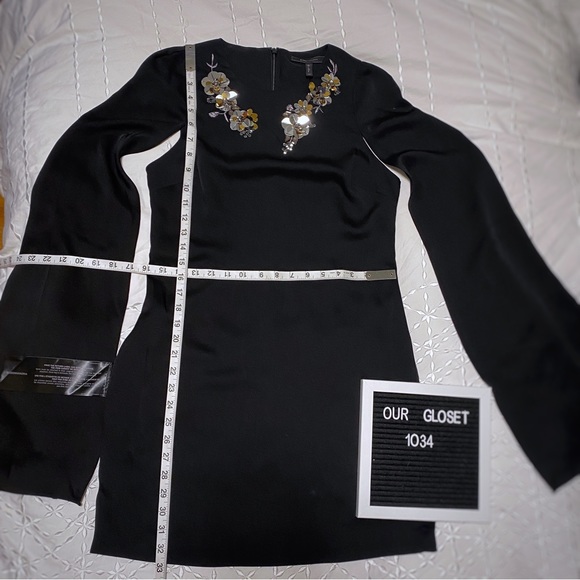 BCBGMaxazria NWT Black Cape style dress with Gold/Silver flower details - Picture 5 of 7